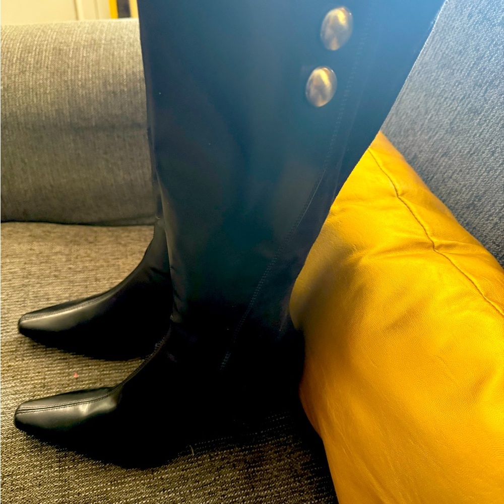 Predictions Black Heeled Boots with Gold Buttons